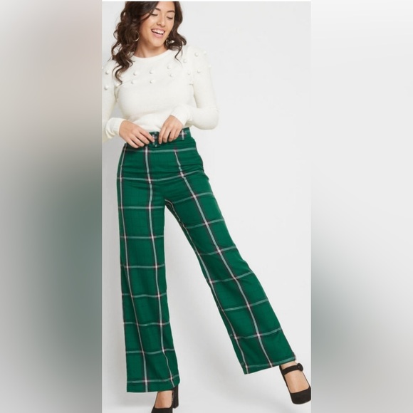 SOLD Collectif x Modcloth Giacinta Green Plaid Wide Leg Trousers High Rise - Picture 2 of 10